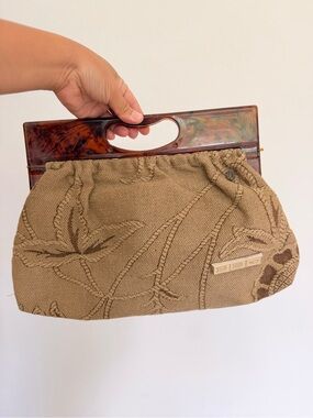 Vintage Woven Carpet Style Palm Leaves Clutch Bag Tortoiseshell Handle Beige MCM
